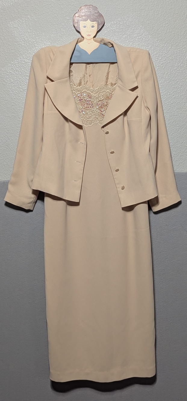 Talbots Dress & Jacket Suit Set Womens 10 Beige Lace Beaded Formal Wedding